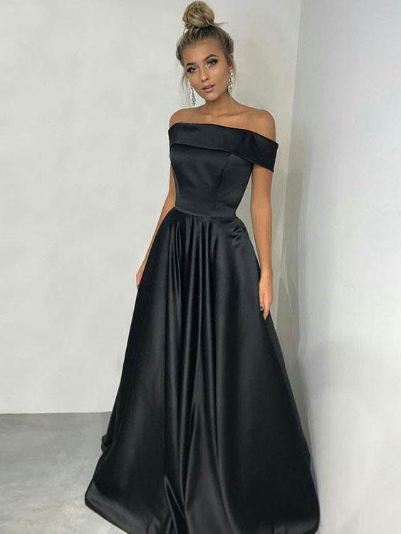 Princess Off the Shoulder Black Satin Long Simple Prom Dresses, QB0347