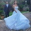 Baby Blue Illusion Neck Long Cheap Tulle Prom Dresses With Applique, QB0668