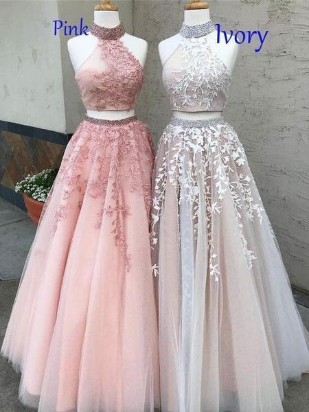 Lace Appliqued Two Piece  Long Cheap Halter Ball Gowns Prom Dresses, QB0258