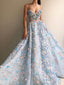 Spaghetti Strap 3D Flower Applique Ball Gowns Sky Blue Prom Dresses, QB0257