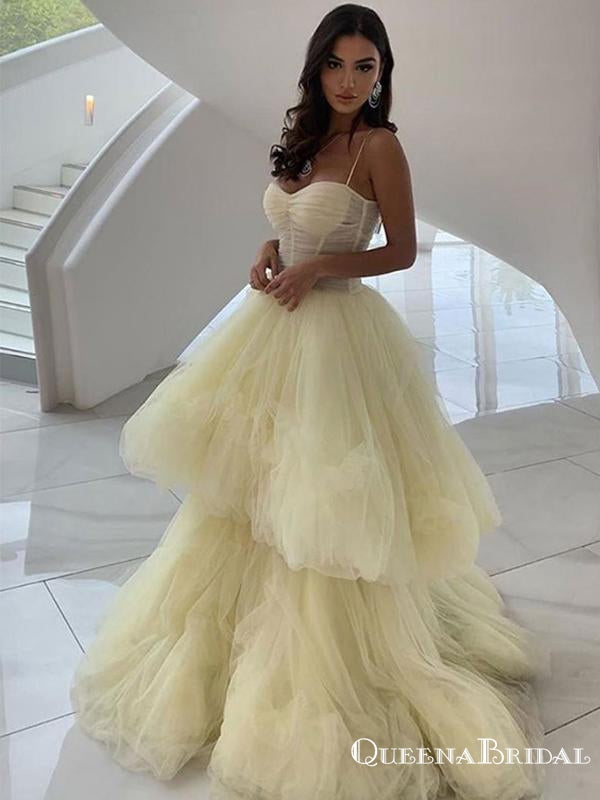 New Arrival Ball Gown Light Yellow Spaghetti Strap Sleeveless Long Cheap Tulle Prom Dresses, QB0951