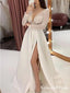 Sexy Deep V-neck Long Sleeves White Satin Side Slit A-line Long Cheap Formal Evening Prom Dresses, QB0971