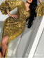 Sparkly V-neck Long Sleeves Gold Sequin Long Cheap Mermaid Prom Dresses With Side Slit, PDS0012