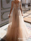 New Arrival Long Sleeves Sexy Deep V-neck Tulle Long Cheap A-line Formal Evening Prom Dresses, QB0972