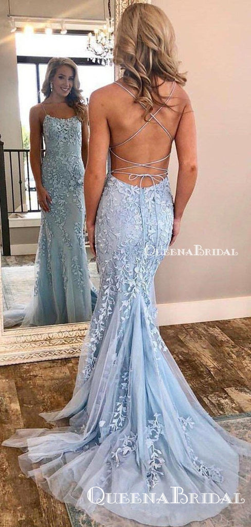 Spaghetti Strap Sky Blue Mermaid Prom Dresses Backless Pageant Formal Dresses, QB0332