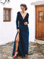 Elegant Sexy Deep V-neck Long Sleeveless High Side Slit Long Cheap Velvet Prom Dresses, QB0964