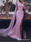 Gogerous One Shoulder Sparkly Pink Sequin Charming Long Cheap  Formal Evening Prom Dresses, QB0965