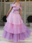 Gorgeous Spaghetti Strap Off-The-Shoulder Tulle A-line Appliqued Long Cheap Prom Dresses, PDS0026