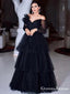 Gorgeous Charming Spaghetti Strap Off-The-Shoulder Black Tulle A-line Long Cheap Prom Dresses, PDS0027