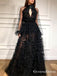 Gorgeus Halter Open Chest Long Sleeves Black Tulle A-line Long Cheap Evening Party Prom Dresses, PDS0017