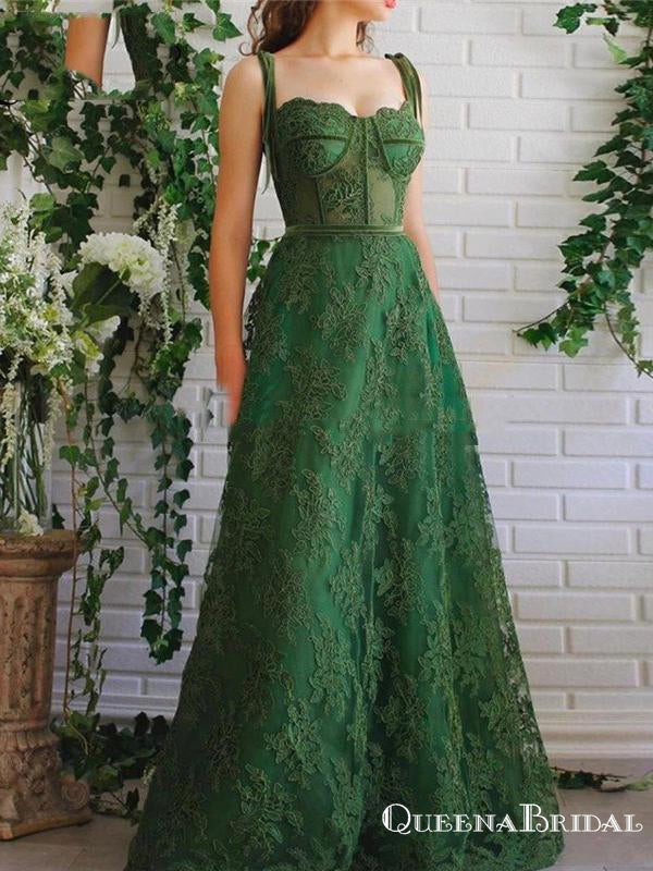 Charming Newest Elegant Spaghetti Strap Sleeveless Green Lace A-line Long Cheap Prom Dresses, PDS0018