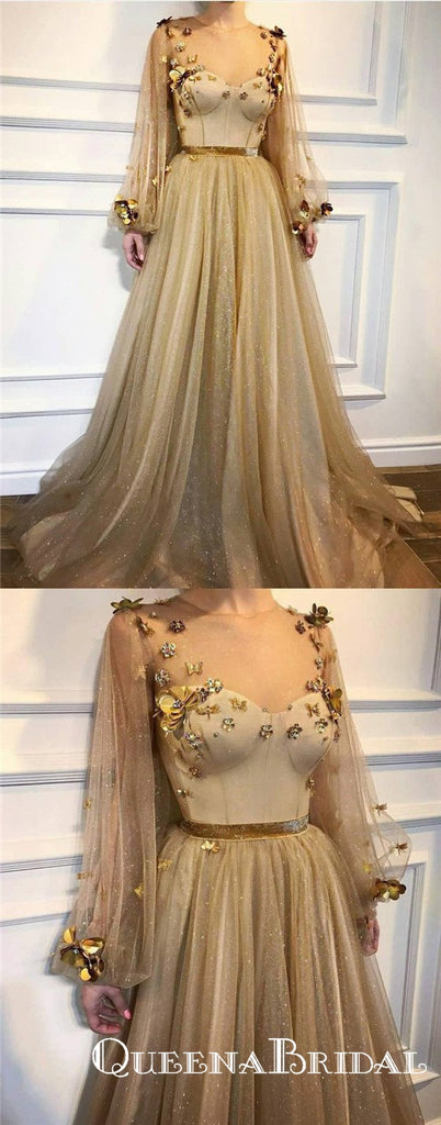 2019 Chic Scoop Long Sleeve Gold Long Cheap Prom Dresses With Applique, QB0606