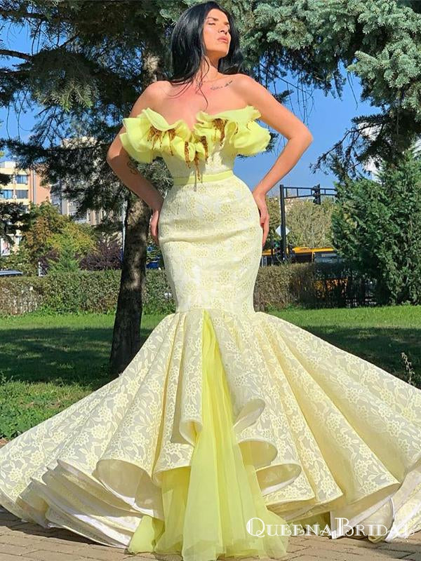 2020 Arabic Yellow Lace Dubai Srtapless Mermaid Long Party Gowns Evening Formal Prom Dresses, PDS0031