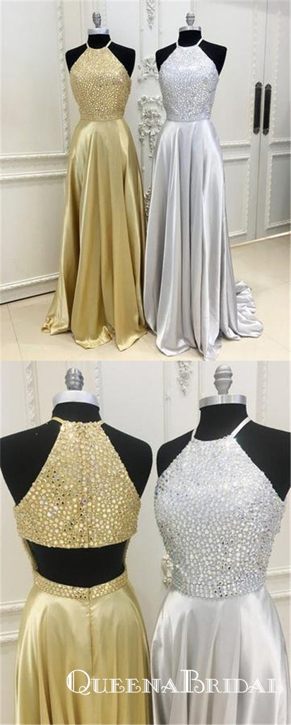 Sparkly Crystal Beaded Halter Long Satin Open Back Prom Dresses, QB0782