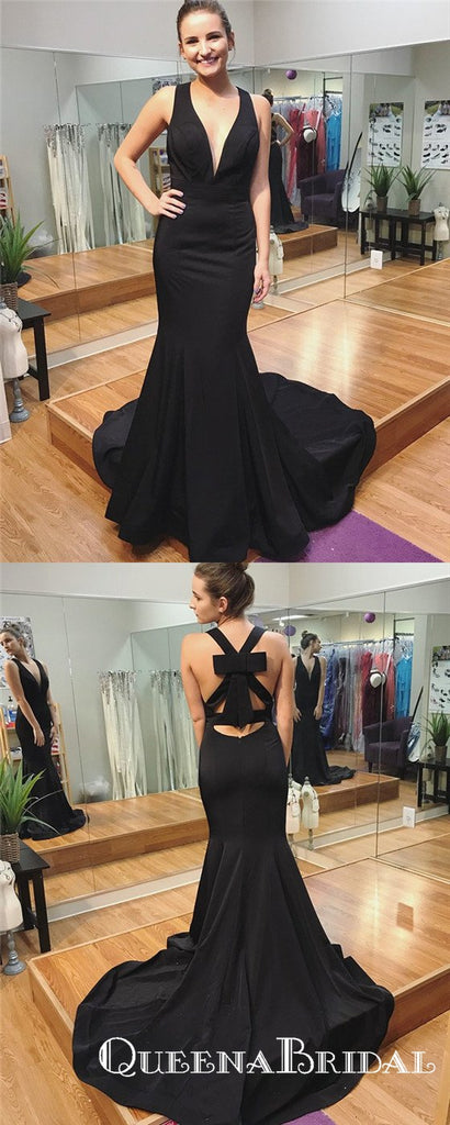 Black Deep V-Neck Satin Long Mermaid Evening Prom Dresses, QB0573