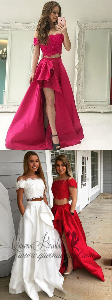 Off the Shoulder Lace Appliqued Two Piece Prom Dresses Online, QB0292