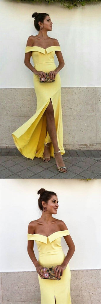 Sexy Off-Shoulder Yellow Satin Long Prom Dresses with Split, cheap Prom Dresses Online, QB0002