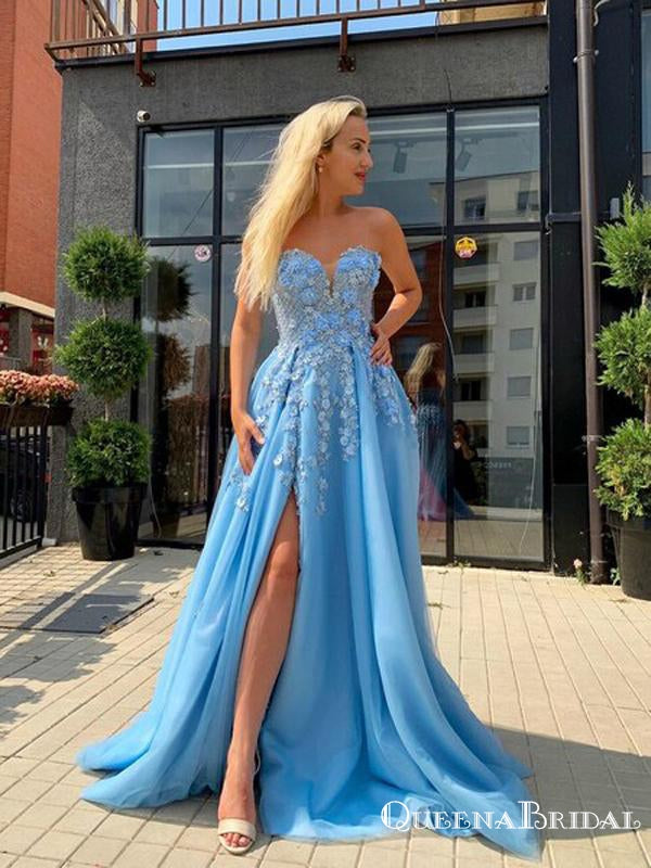 Light Blue Princess A Line Sweetheart Appliques Flowers High Slit Tulle A-line Long Cheap Prom Dresses, PDS0043