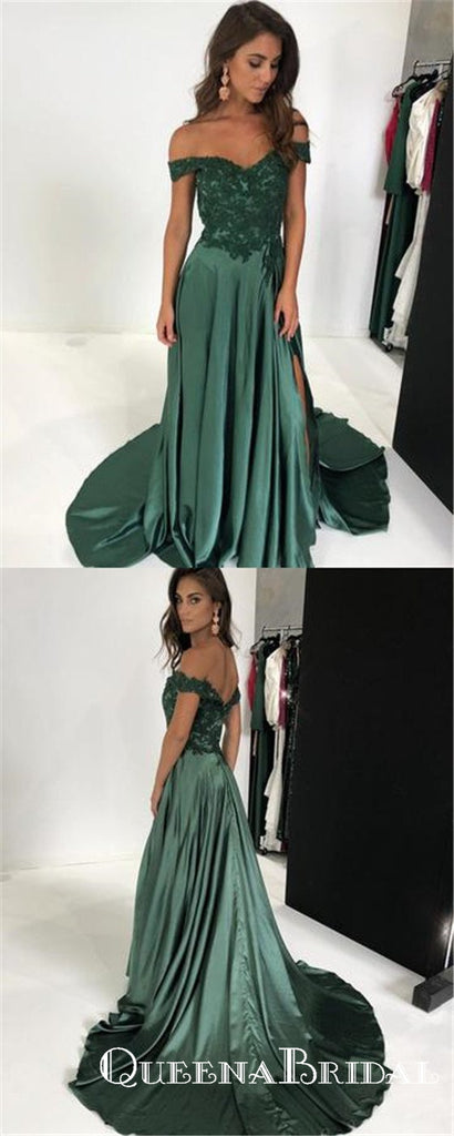 Elegant Green Lace V-neck Off-the-shoulder Long Satin Split Prom Dresses, QB0597