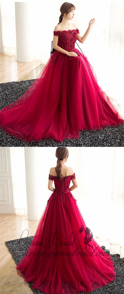 Charming Off Shoulder Red Lace Beaded A-line Long Evening Prom Dresses, QB0368