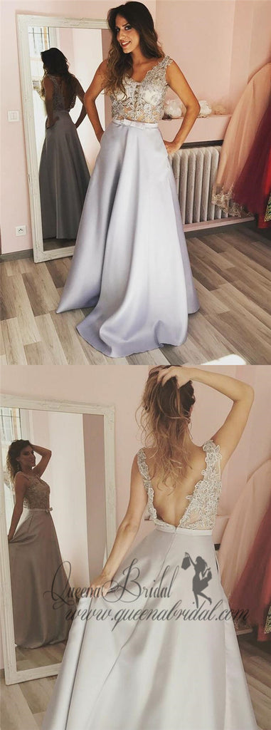 Sexy Lace See Through Grey A-line Long Evening Prom Dresses, QB0426