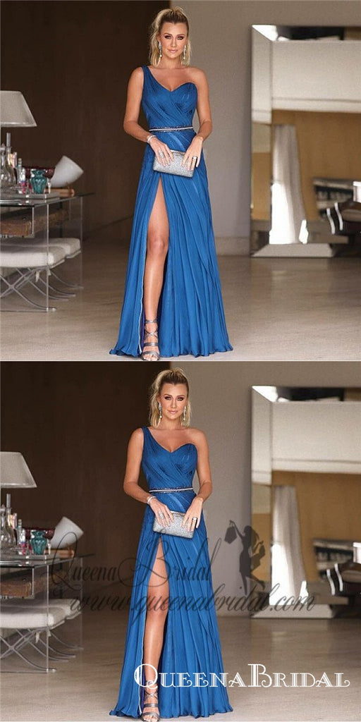 A-Line One-Shoulder Long Blue Ruched Prom Dresses with Split, QB0495