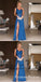 A-Line One-Shoulder Long Blue Ruched Prom Dresses with Split, QB0495