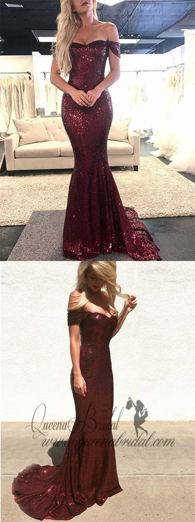 Off the Shoulder Burgundy Mermaid Prom Dresses Shiny Maroon Formal Dresses, QB0345