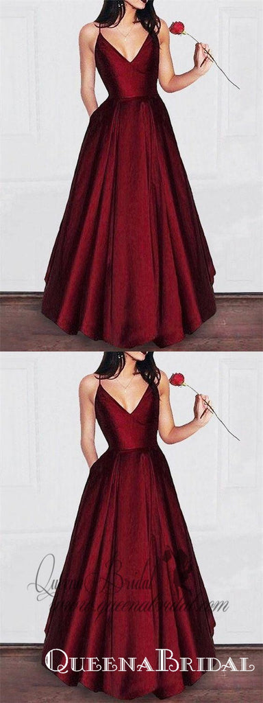 A-line V-neck Spaghetti Strap Burgundy Prom Dresses Long Formal Evening Ball Gowns, QB0338