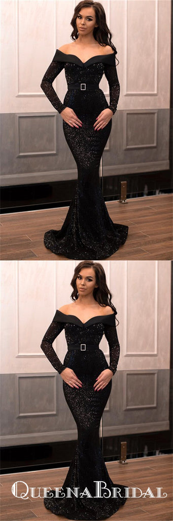 Black Sequins Long Sleeves Mermaid Off The Shoulder Long Prom Dresses, QB0791