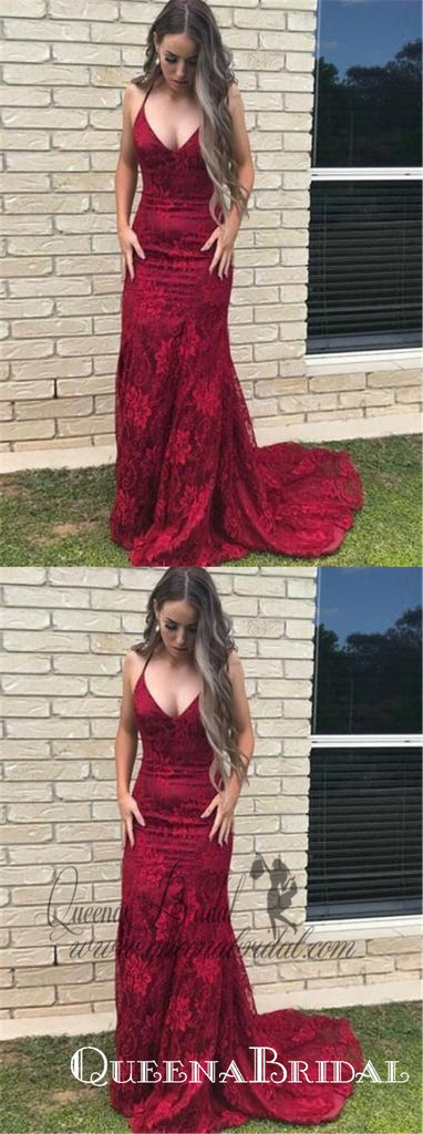 2021 Burgundy Lace Mermaid Long Evening Prom Dresses, QB0453