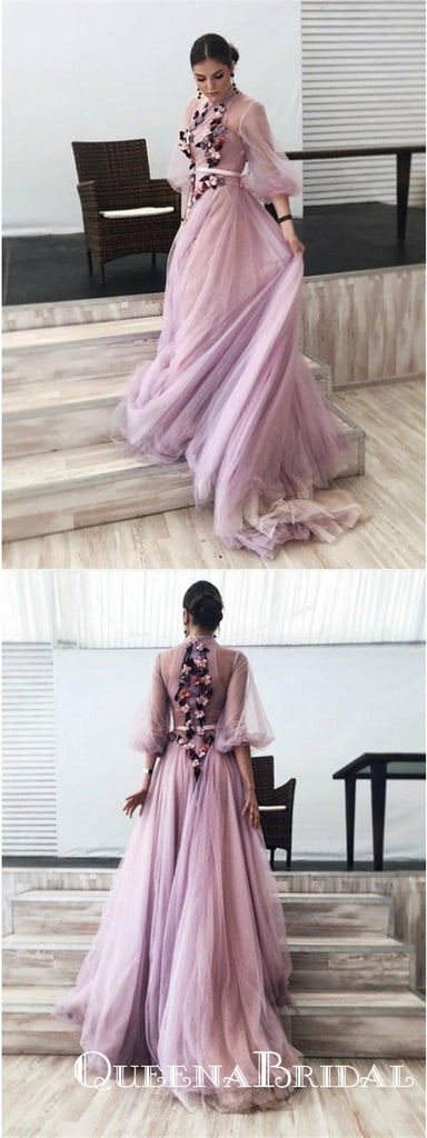 A-Line High Neck 3/4 Sleeves Lilac Long Cheap Prom Dresses with Flowers, QB0795