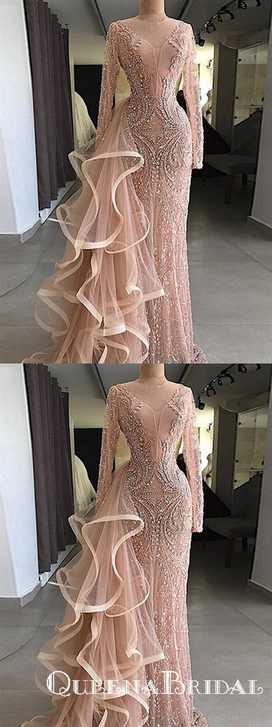 Illusion Neck Chic Pink Sheath Long Sleeve Mermaid Prom Dresses With Beaded, QB0693