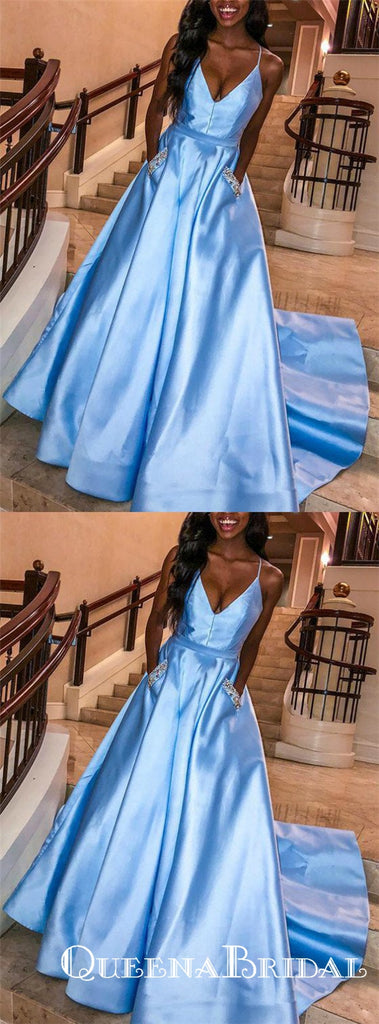 A-Line Sky Blue Satin Spaghetti Straps Prom Dresses With Pocket, QB0714