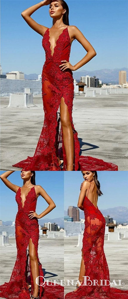 Sexy Red See Through Mermaid  Deep V-Neck Appliques Prom Dresses, QB0792