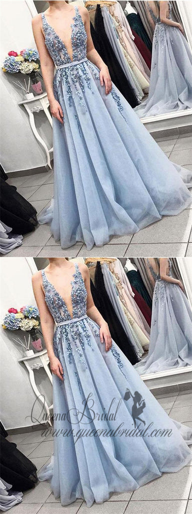 Sexy Backless Deep V Neck Dusty Blue Lace Long Evening Prom Dresses, QB0418