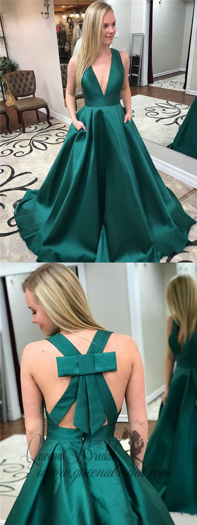 Simple V-neck Emerald Green A-line Long Evening Prom Dresses, QB0449