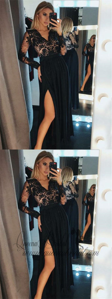 Charming Long Sleeves Black Side Slit Long Evening Prom Dresses, QB0402