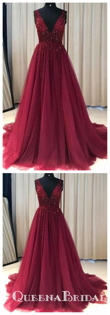 See Through V Neck Dark Red Beaded Long Evening Prom Dresses, QB0607