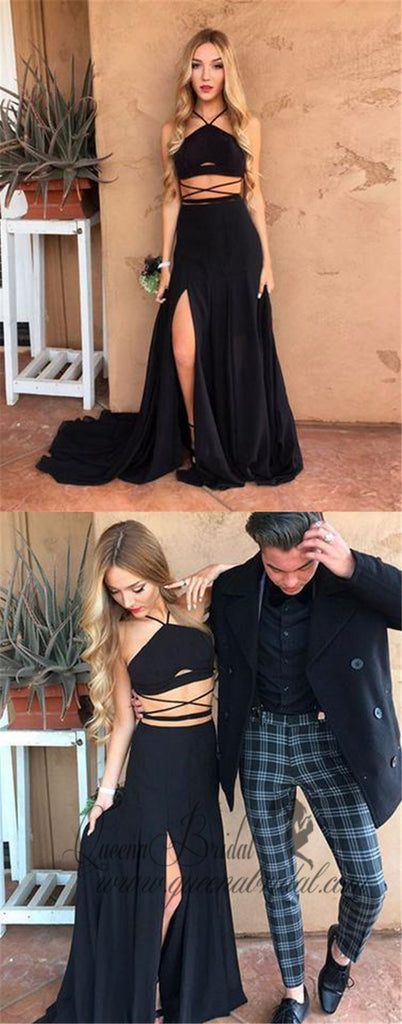 Sexy Black Two Pieces Side Slit Long Cheap Prom Dresses, QB0479