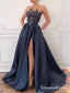 Elegant Woman Navy Blue Long Satin Evening Gowns Prom Dresses with Split Pockets, PDS0059