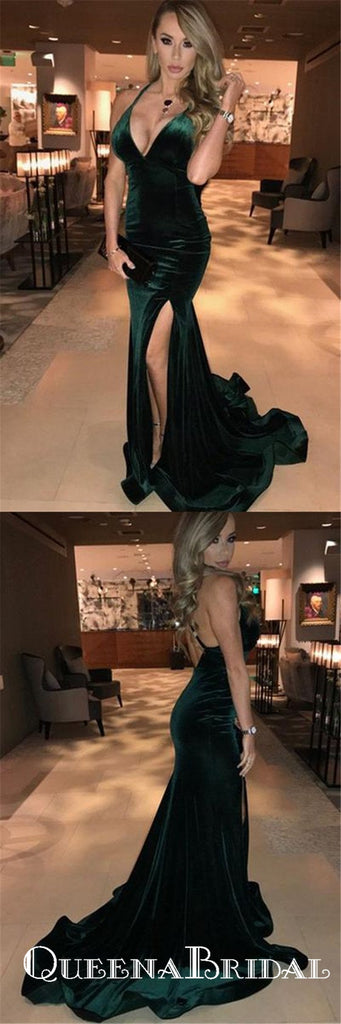 Mermaid V Neck Open Back Dark Green Velvet Long Prom Dresses, QB0589