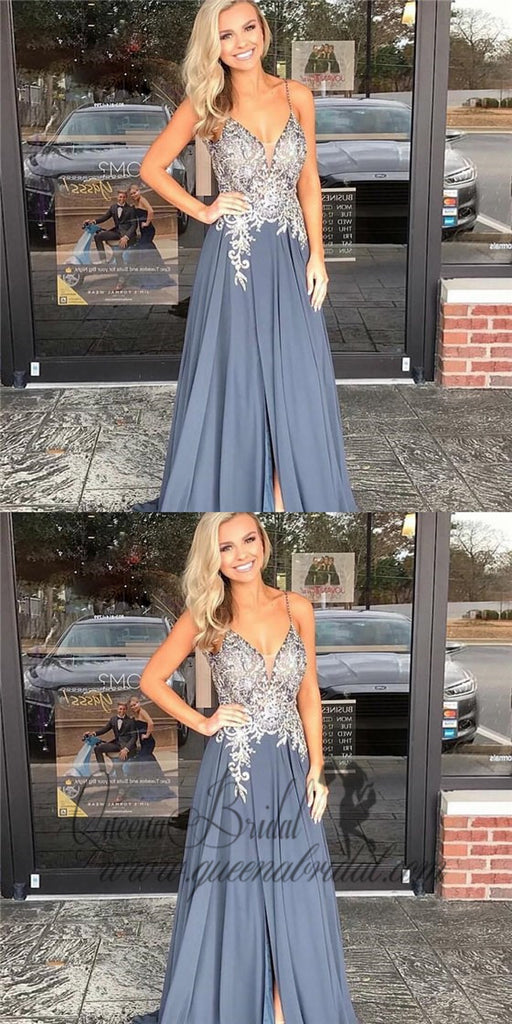 Elegant Spaghetti Straps Grey Beaded Long Evening Prom Dresses, QB0451