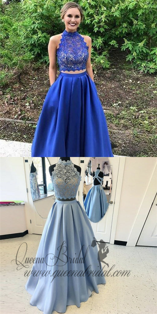 Two Piece High Neck Open Back Royal Blue Satin Prom Dresses with Lace Pockets, QB0245