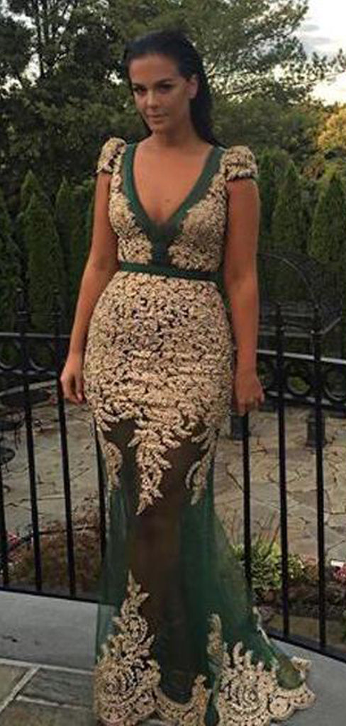 Elegant V-neck Short Sleeve Long Mermaid Prom Dresses With Lace Applique&Beaded, QB0801