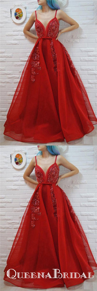 A-Line Spaghetti Straps Red Beaded Prom Dresses with Appliques, QB0711