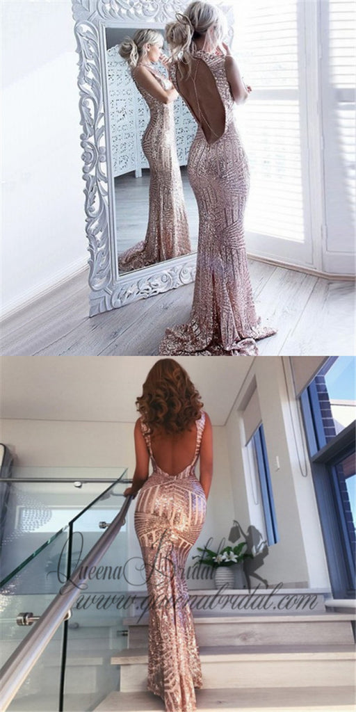 Mermaid Jewel Open Back Sweep Train Rose Gold Sequined Prom Dresses, QB0241