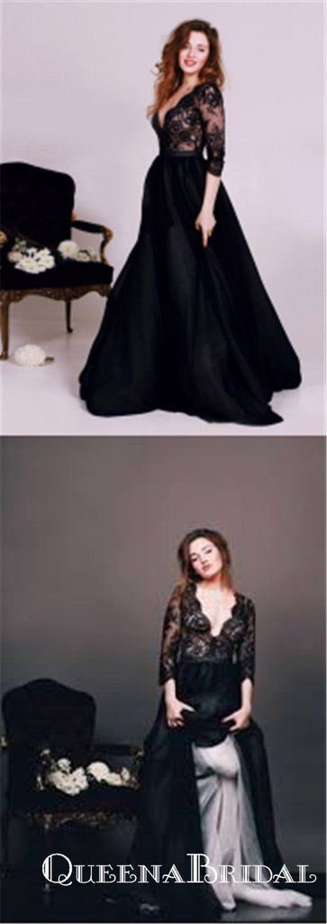 Honorable Black Deep V-neck 3/4 Sleeves Long Cheap Prom Dresses with Lace, QB0572