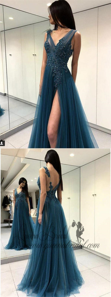 Long See Through Thigh Slit Blue Prom Dresses Backless Beaded Lace Prom Dresses, QB0334