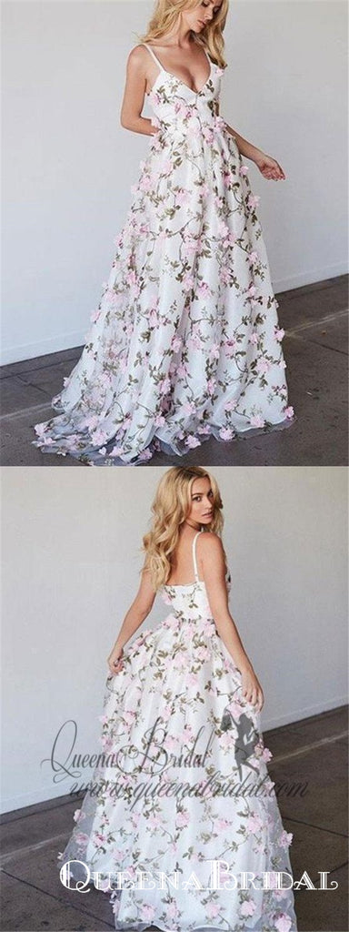 A-line Princess V-neck Floral Prom Dresses Long 3D Appliqued Lace Formal Dresses, QB0274